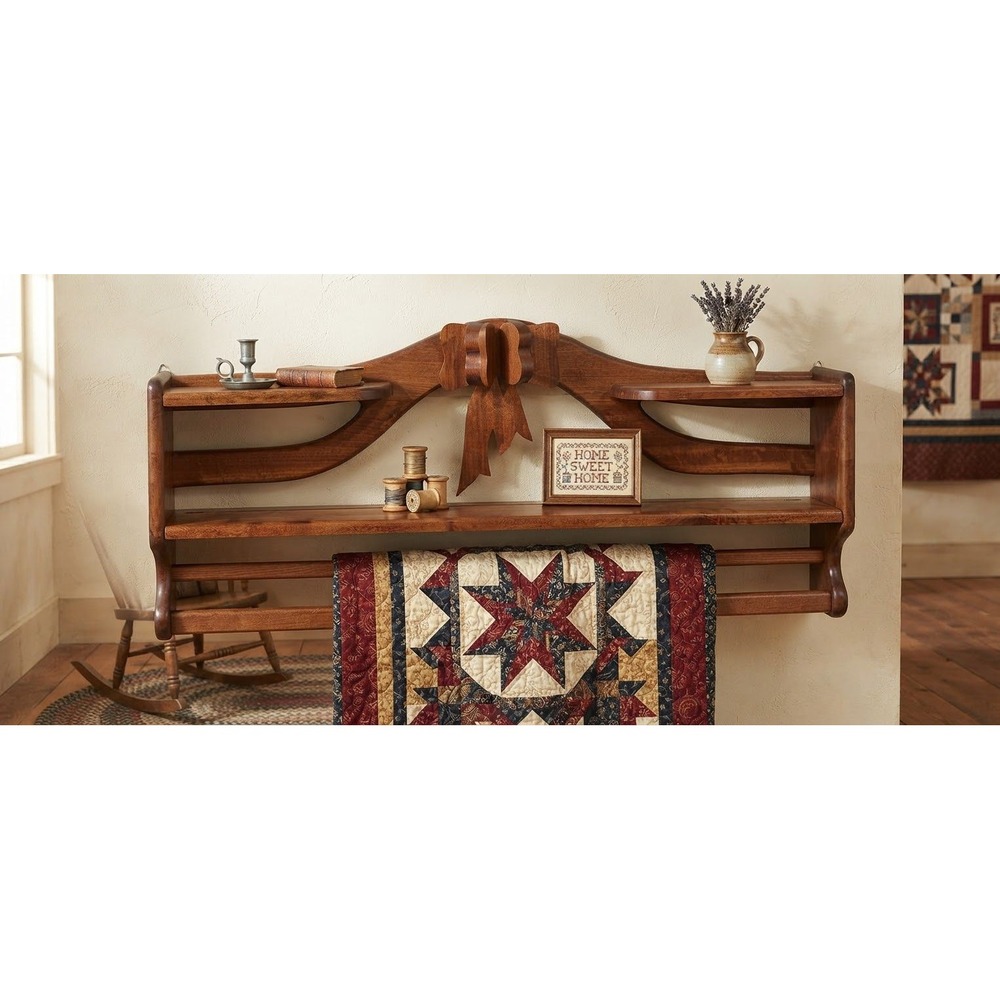 Vintage Walnut Wood Quilt Rack Wall Shelf Carved Bow Ribbon Display 38in GP 92
